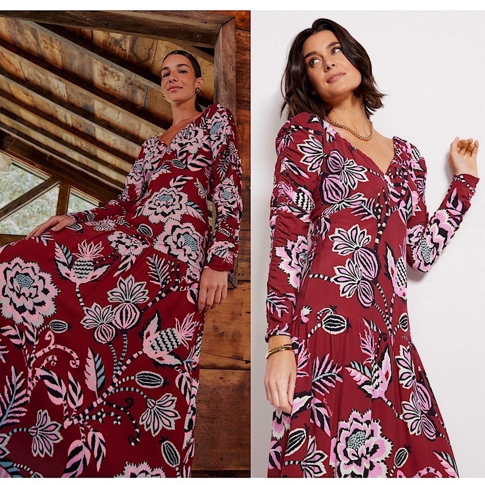 FARM RIO Tropical Floral Crepe Ruched Long Sleeve V-Neck Ruffle Hem Maxi Dress M